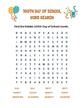 Word Search-100th Day of School by Lori Voxland | TPT