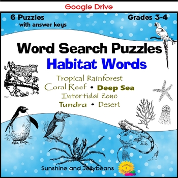 Preview of Word Search - 6 Puzzles - Habitats - Grades 3-4 - Fun Science Activity! - Google