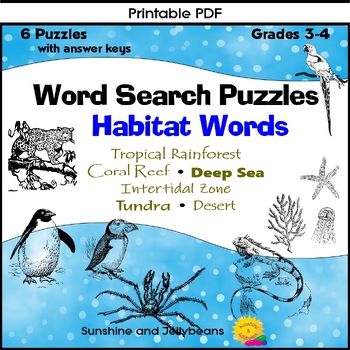 Preview of Word Search - 6 Puzzles - Habitats - Grades 3-4 - Fun Science Activity!