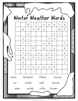 Word Search Winter Weather Season Words / Grade 1 and 2