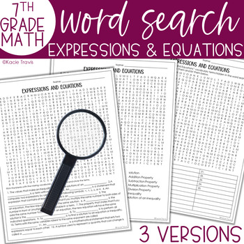 Preview of Word Search Expressions and Equations 7th Grade Math Vocabulary