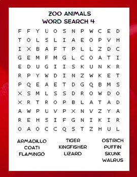 Word Search For Kids, Zoo Animals Word Search With Solution, 10 Pages