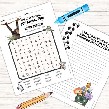Preview of Word Search Game, Zoo Animals, Printable Download, Writing Prompt