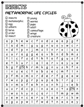 Life Cycles Word Search / Incomplete & Complete Metamorphosis Grade 2