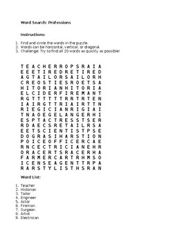 Preview of Word Search: Professions