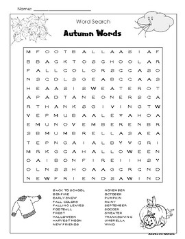 Preview of Word Search Puzzle Activity - "Autumn Words" - Fall - Grades 3-4