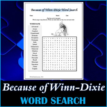 Preview of Word Search Puzzle for "Because of Winn-Dixie" Novel by Kate DiCamillo