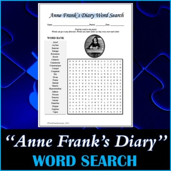 Preview of Word Search Puzzle for "Diary of a Young Girl" Novel by Anne Frank