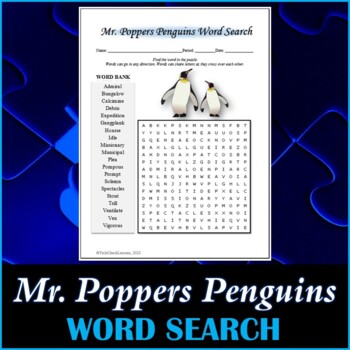 Preview of Word Search Puzzle for "Mr. Popper's Penguins" Novel by Atwater