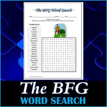 Preview of Word Search Puzzle for "The BFG" Novel by Roald Dahl