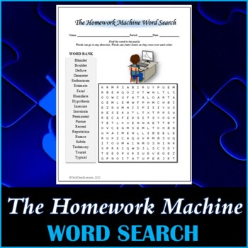 Preview of Word Search Puzzle for "The Homework Machine" Novel by Dan Gutman