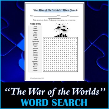 Preview of Word Search Puzzle for "The War of the Worlds" Novel by H. G. Wells