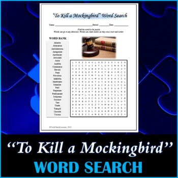 Preview of Word Search Puzzle for "To Kill a Mockingbird" Novel by Harper Lee