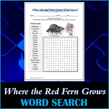 Preview of Word Search Puzzle for "Where the Red Fern Grows" Novel by Wilson Rawls