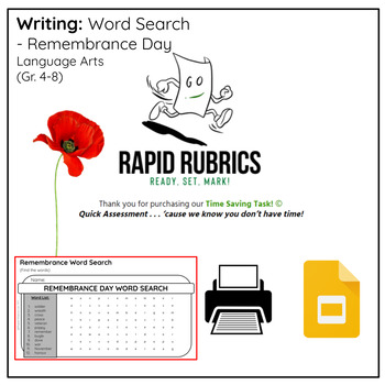 Preview of Word Search - Remembrance Day - Time Saving Task - Ontario - Rapid Rubrics
