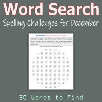 Preview of Word Search - Spelling Challenges for December (Middle School)