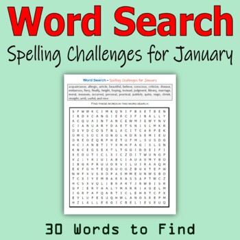 Preview of Word Search - Spelling Challenges for January (Middle School)