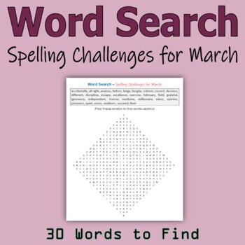 Preview of Word Search - Spelling Challenges for March (Middle School)