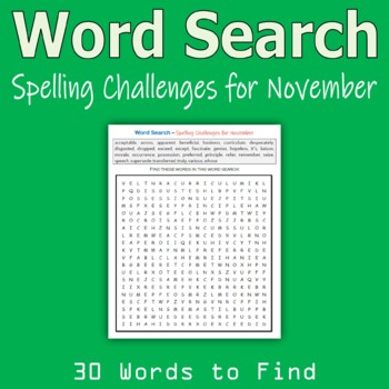 Preview of Word Search - Spelling Challenges for November (Middle School)