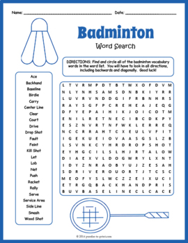 Badminton Word Search by Puzzles to Print | Teachers Pay Teachers