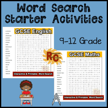 Preview of GCSE English & GCSE Math Word Searches Interactive & Printable with answers
