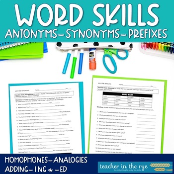 Preview of Word Skills Worksheets Synonyms Antonyms Homophones Analogies and More