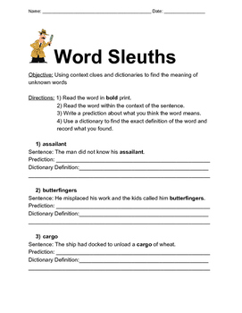 word sleuth dictionary and context clues worksheet by each child a gift