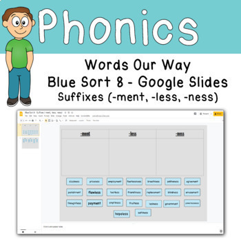Preview of Word Sort Suffixes (-ment, -less, -ness) Google Slides and Google Forms
