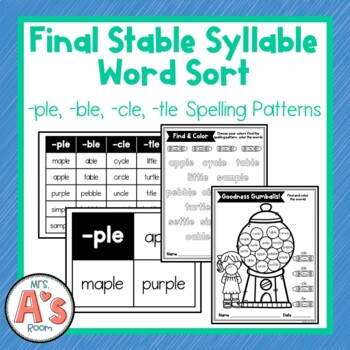 Preview of Word Sort for Final Stable Syllables  -ple, -ble, -cle & -tle with Printables