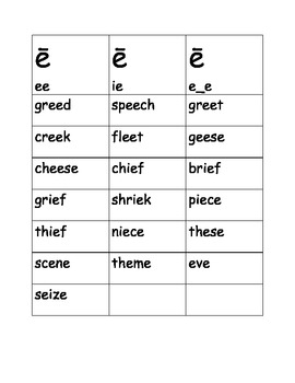 Preview of Word Sort for Long /e/  ee (bee)  ie (chief) magic e (eve)