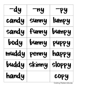 Word Sort for Words Ending in dy, ny, and py by Mrs A's Room | TpT