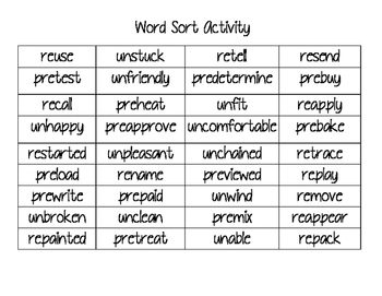 Word Sort with prefixes re un and pre by Kimberly Annis | TpT