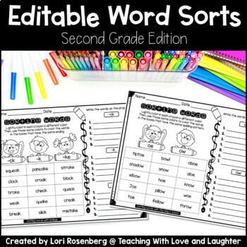Preview of Editable Word Sorts - Word Work Worksheets - Second Grade Edition