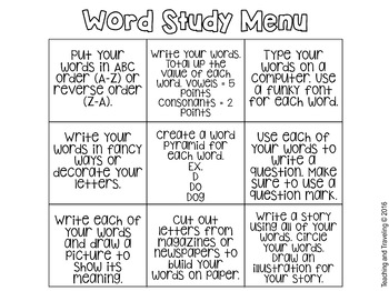 word study homework menu