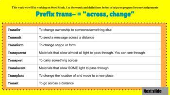 Preview of Word Study Prefix "trans-" Word List and Activity