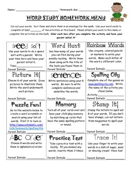 Preview of Word Study-Spelling Homework Menu