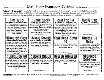 Preview of Word Study - Spelling - Word Work Homework Contracts (set of 4)