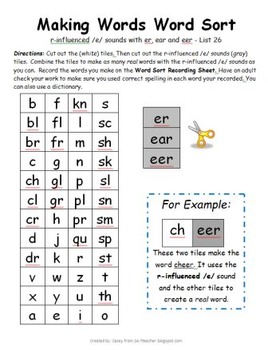 Word Study w/ r-influenced /e/ sounds (er, ear & eer) - Words Their Way