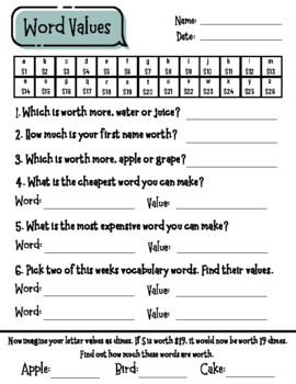 Preview of Word Value Worksheet (Counting Money)