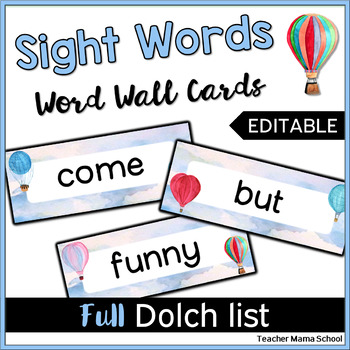 Preview of Editable Word Wall  Cards - Sight Words (Hot Air Balloon Watercolor Theme)