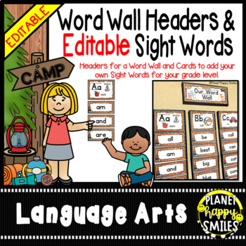 Preview of Word Wall Headers and EDITABLE Sight Word Cards - Camping Theme