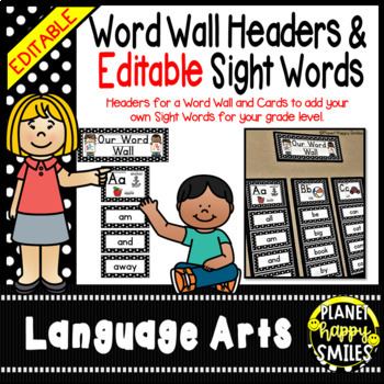 Preview of Word Wall Headers and EDITABLE Sight Word Cards - Black/White Polka Dots