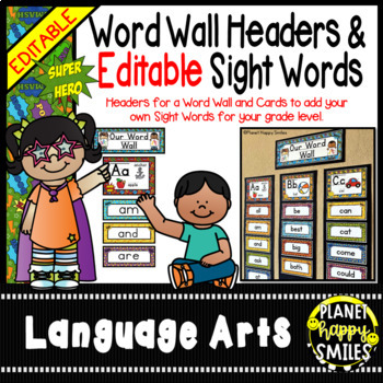 Preview of Word Wall Headers and EDITABLE Sight Word Cards - Super Hero Theme