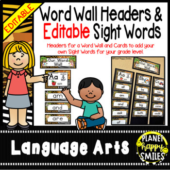 Preview of Word Wall Headers and EDITABLE Sight Word Cards - Jungle or Safari Theme