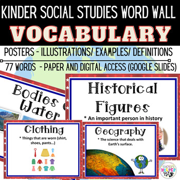 Preview of Word Wall Vocabulary Posters Social Studies | Kinder | 77 Words | Paper/Digital