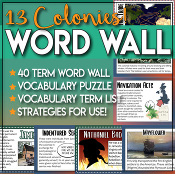 Preview of Word Wall the 13 Colonies terms Vocabulary Practice and Strategies