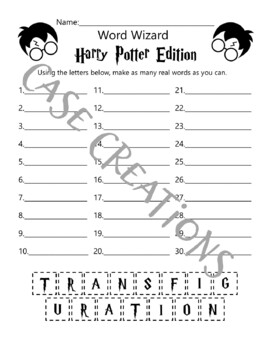 Preview of Word Wizard Activity Sheet Harry Potter Theme