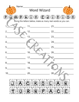 Preview of Word Wizard Activity Sheet Pumpkin Theme