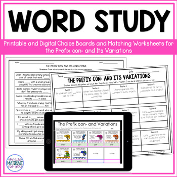 Preview of Word Work Choice Board and Matching Activities for Prefix co col com con cor SOR