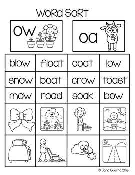 Word Work: Digraphs oa and ow (long o sound) by Jana Guerra - We Heart
